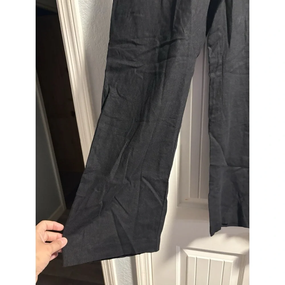 Zara Linen Blend Pants Women Large Black Wide Leg Elastic Drawstring Trousers